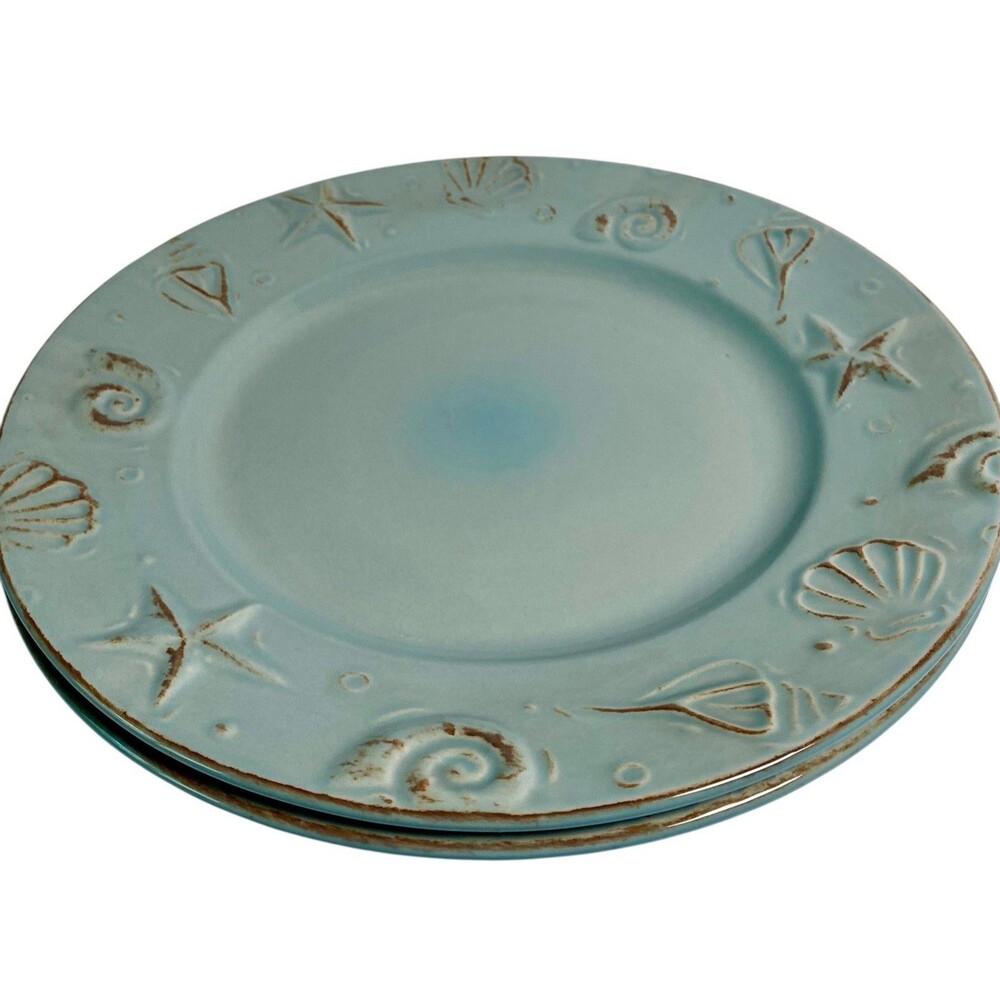 Thomson Pottery Cape Cod Aqua Blue Dinner Plates  10.5" Set of 2 Embossed Shells - Picture 2 of 4